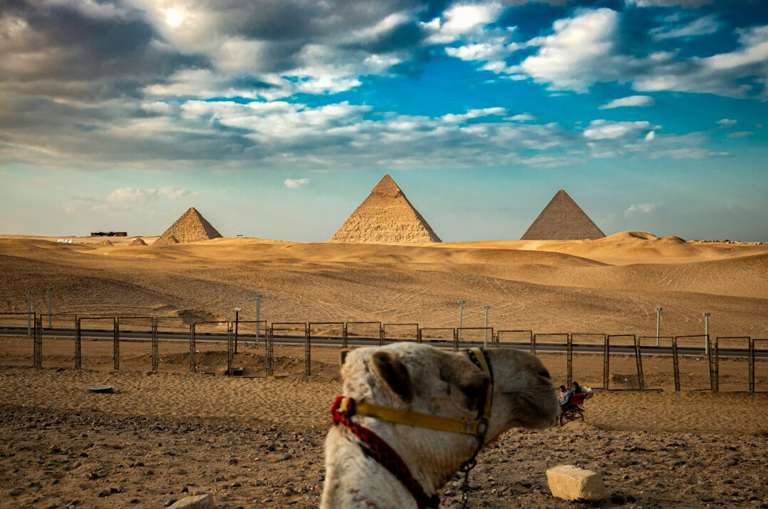 ancient egyptian pyramids at dusk
